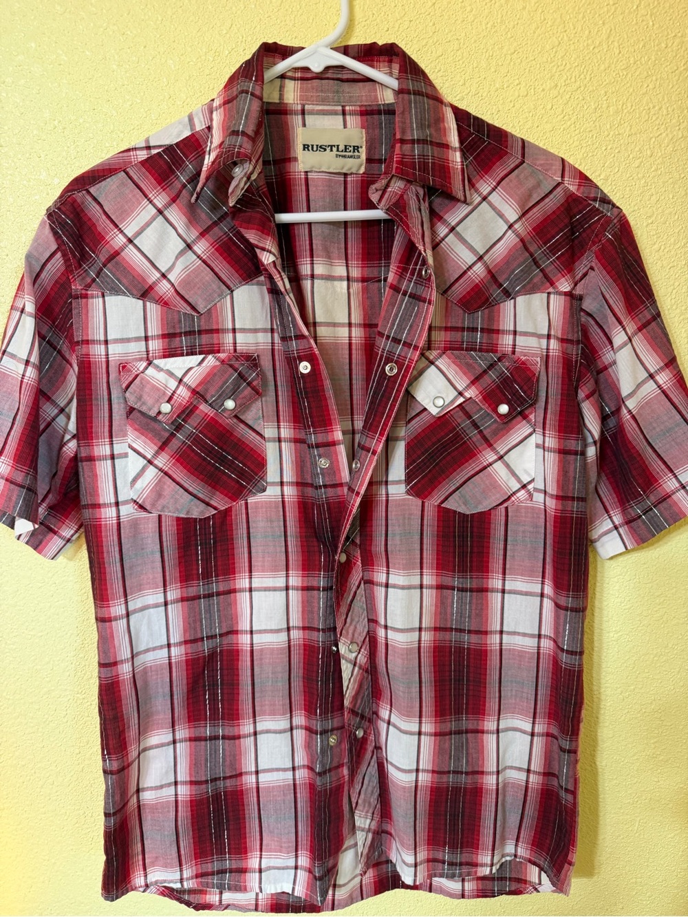 Rustler Red and White Plaid Short-Sleeve Button-Up Shirt -Pearl Snap